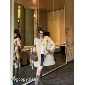 Miumiuアルファベットステッチ刺繍カレー色コーデュロイパッチワーク開襟ミディアムコート