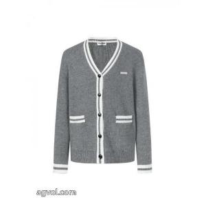 MIuMIu25ssグレー白ボーダーニットカーディガン
