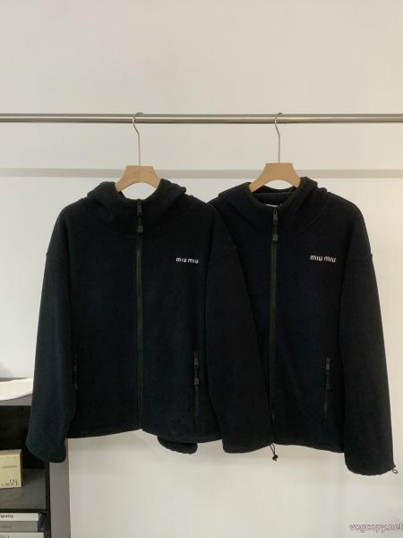 Miu Miu2025新アルファベット刺繍ロゴツイードファスナーコート 0 